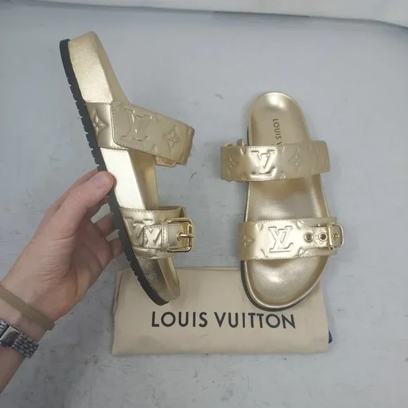 Louis Vuitton Gold Buckle Bom Dia Monogram Flat Slide Sandal - Picture 5 of 14